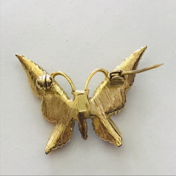 Vintage 80's Gold Plated Butterfly Brooch Pin with Crystals - Picture 5 of 8